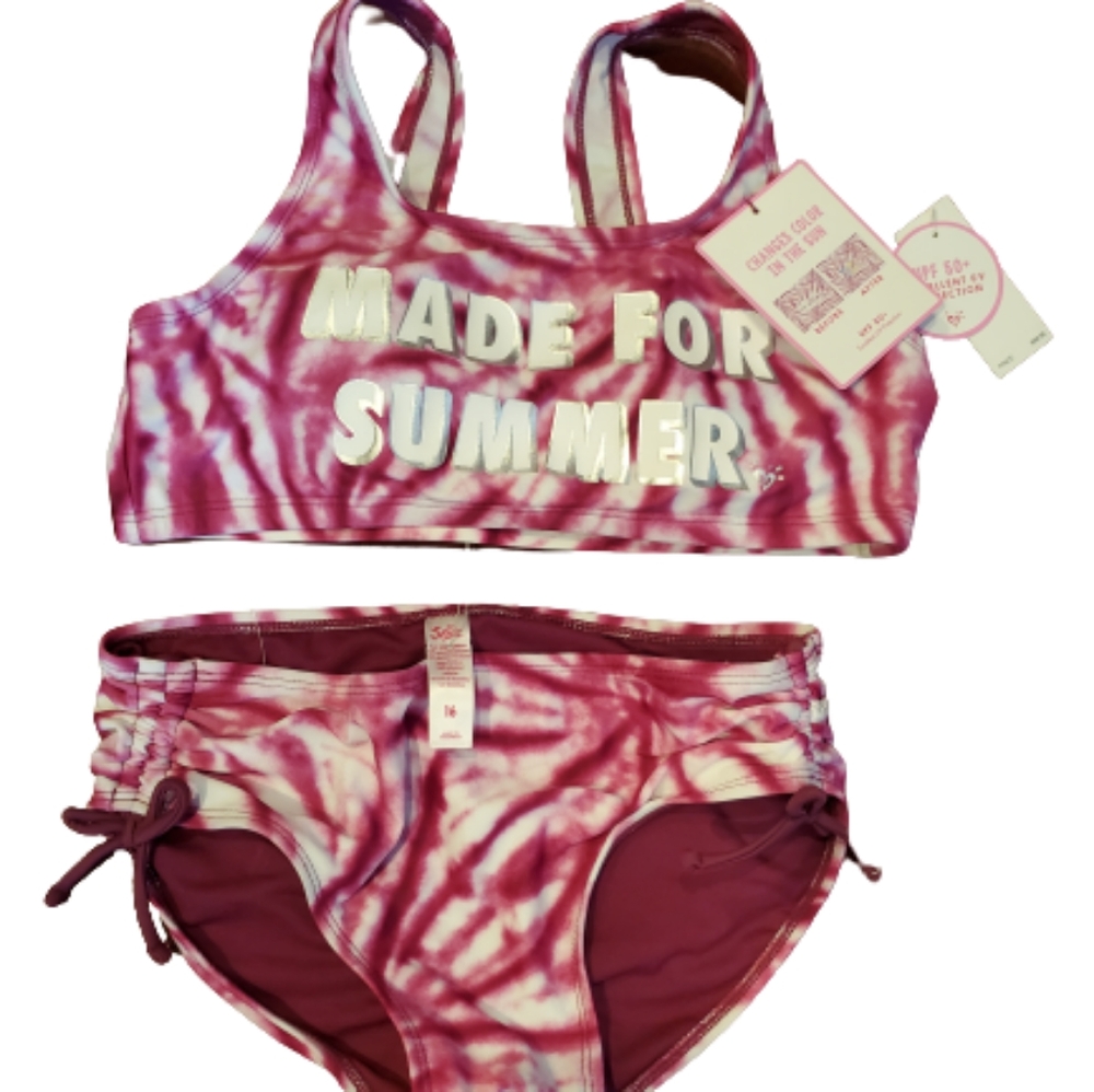 NWT Justice 2-piece Hot Pink Tie Dye Swim Suit/Bikini, Sz 16